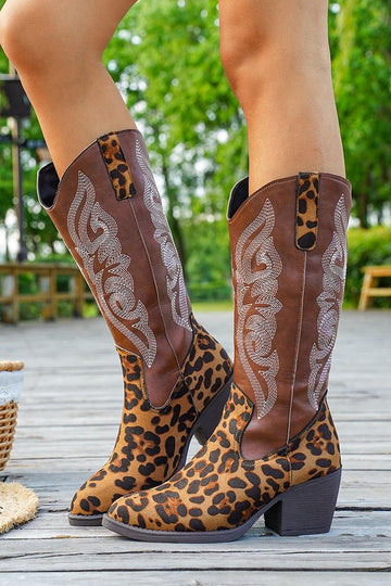Brown Leopard Chunky Heel Wide Calf Embroidered Cowgirl Boots